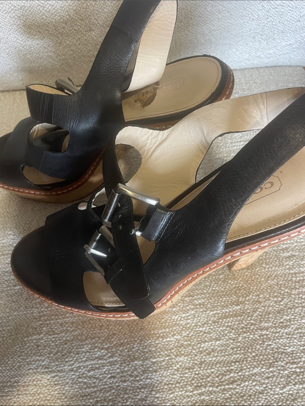Coach Black Leather Buckle Slingback Heels